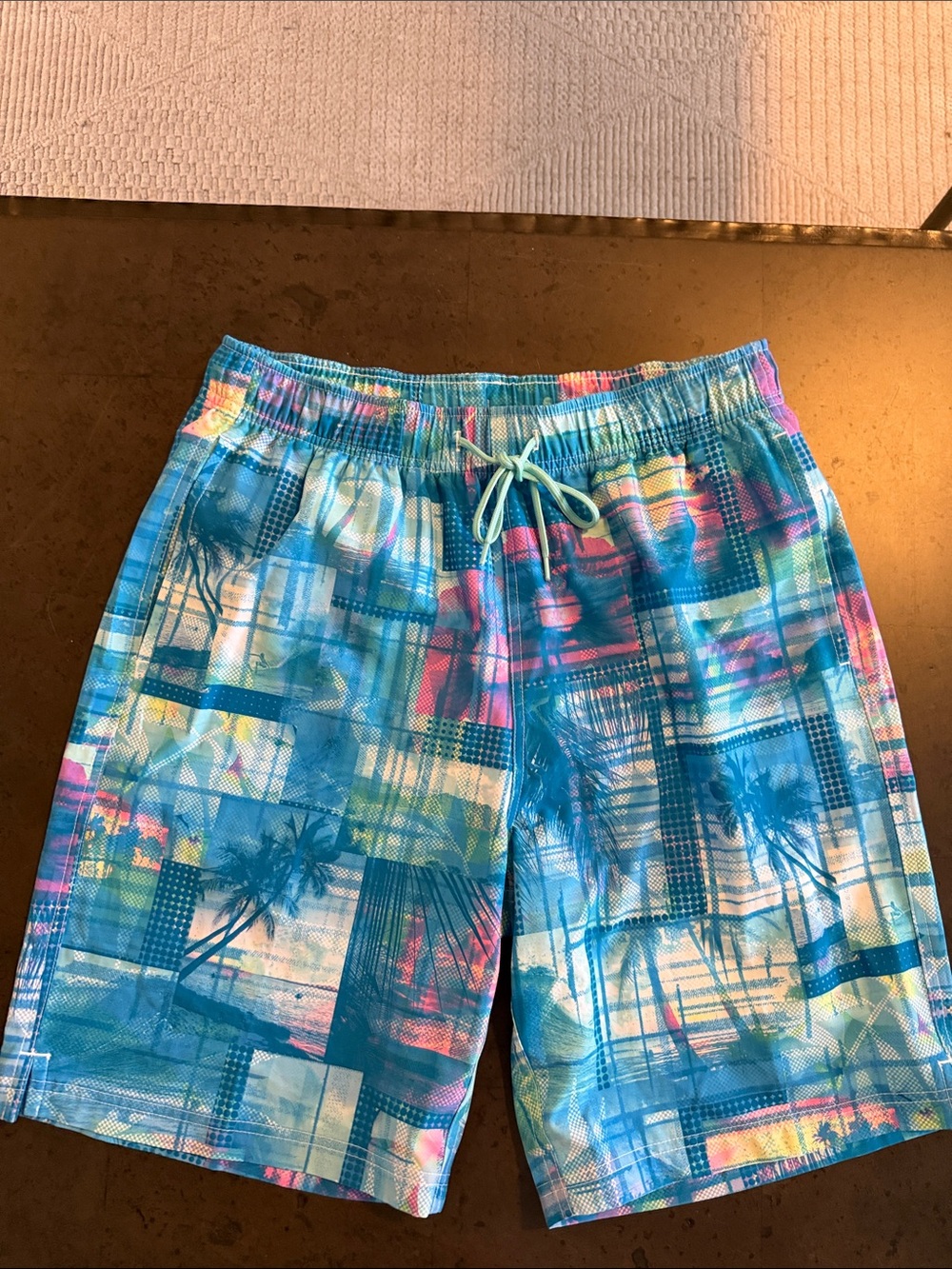 Blue Tropical Print Swim Trunks